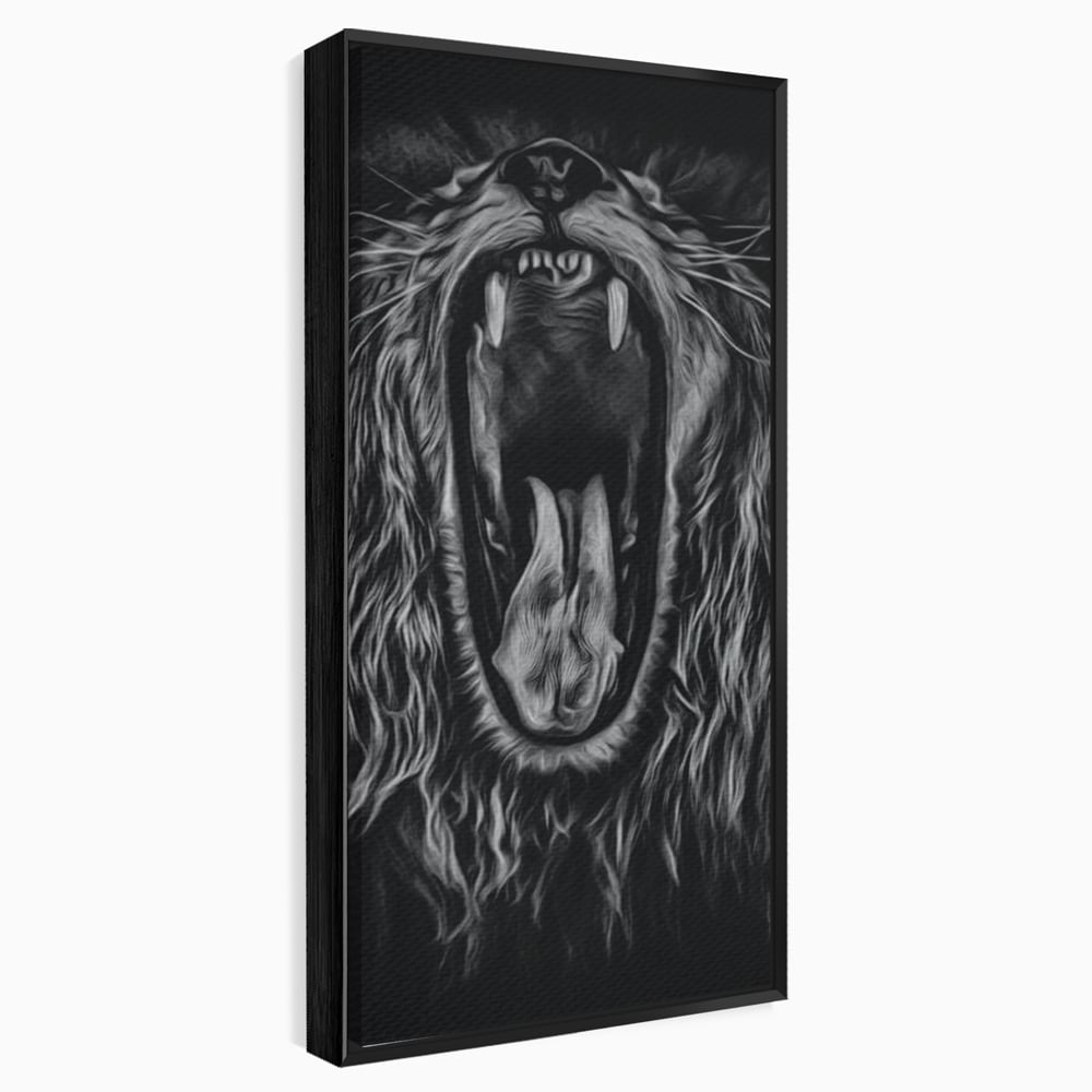 Tablou Canvas cu Leu Care Raguseste, Alb si Negru, M1385